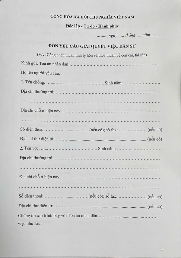 Mẫu đơn xin ly hôn theo hình thức ly hôn thuận tình